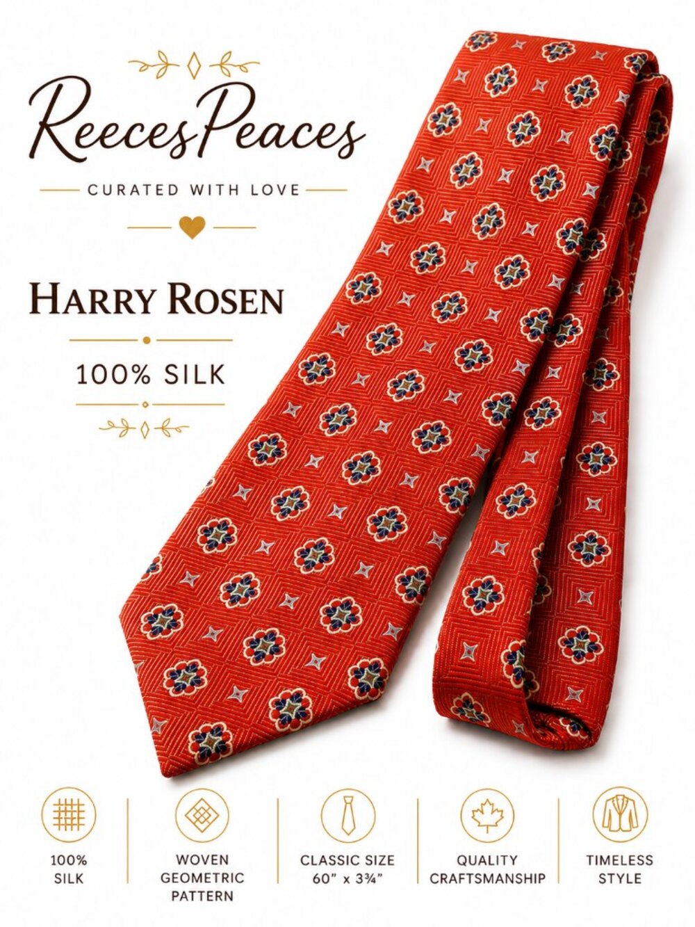Harry Rosen 100% Silk Men’s Tie Pumpkin Orange Geometric